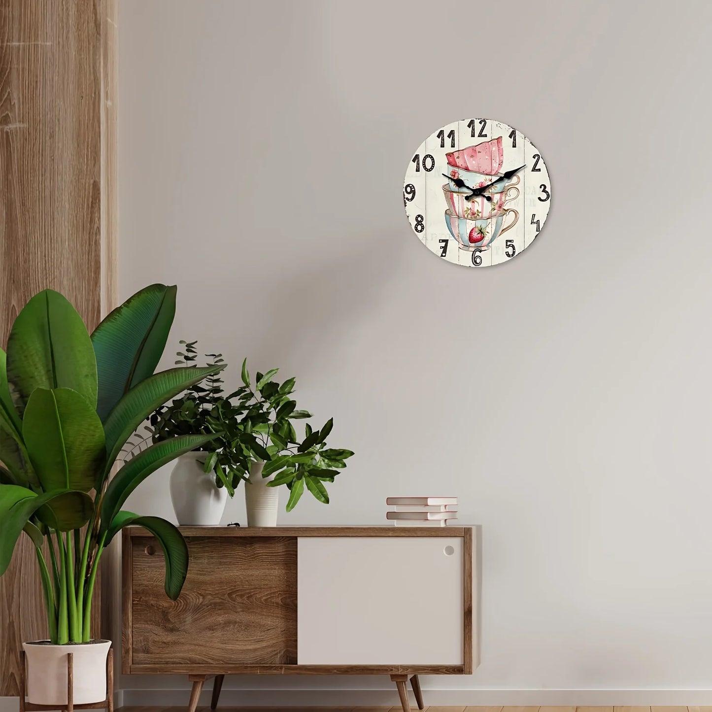 XMSJ Vintage Tea Coffee Cup Wooden Wall Clock Silent Analog