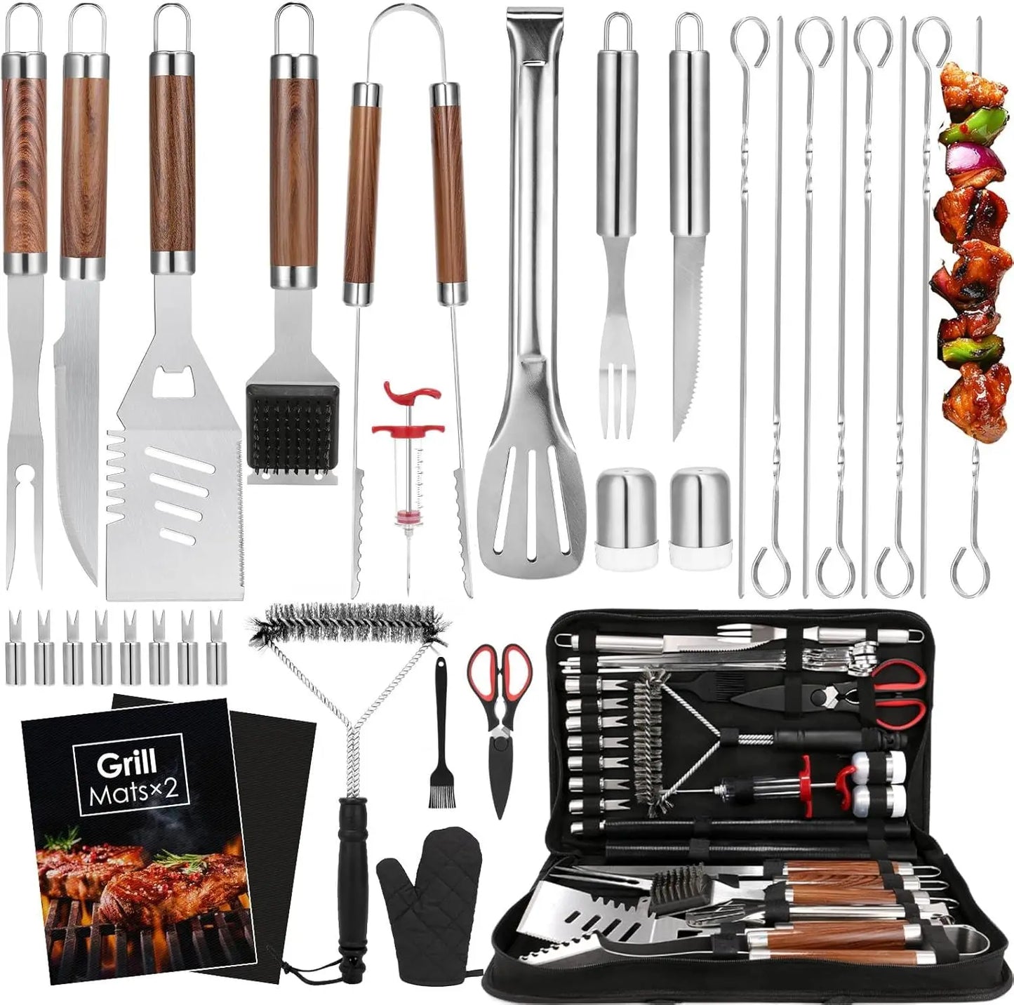 34 Piece Heavy Duty Stainless Steel Grill Tools Set With Mat And Glove