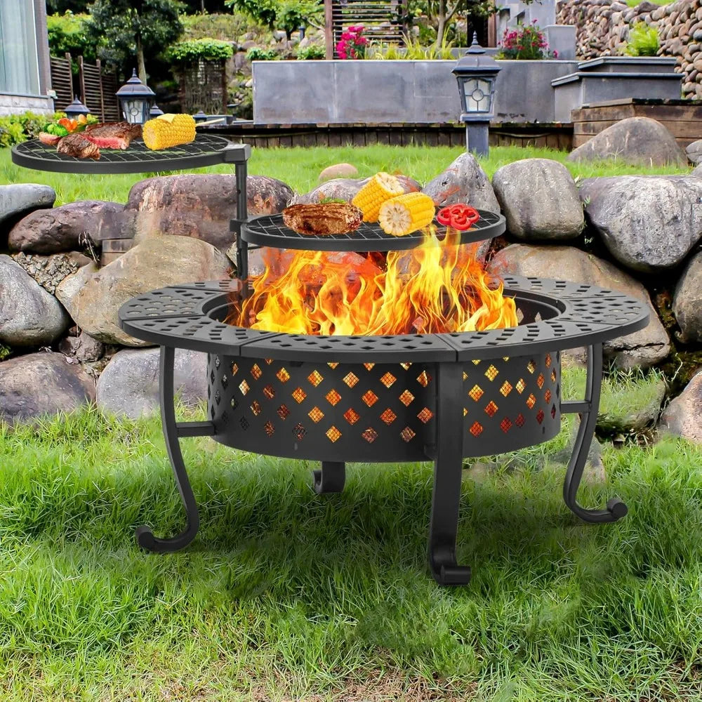 Outdoor Fire Pit With Dual Grills Lid And Poker System