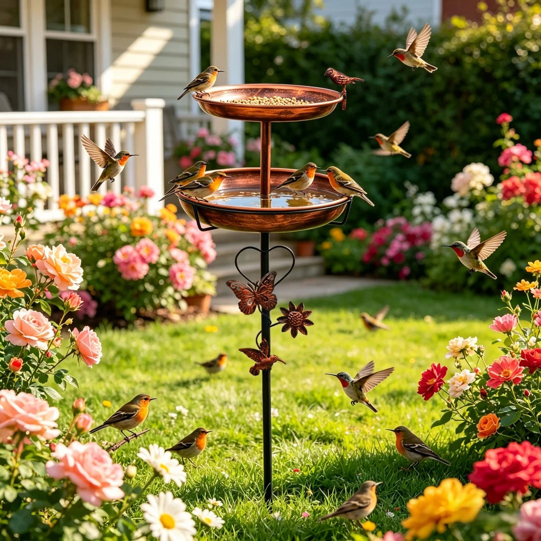 Outdoor Double Layer Bird Feeder and Bird Bath Stand