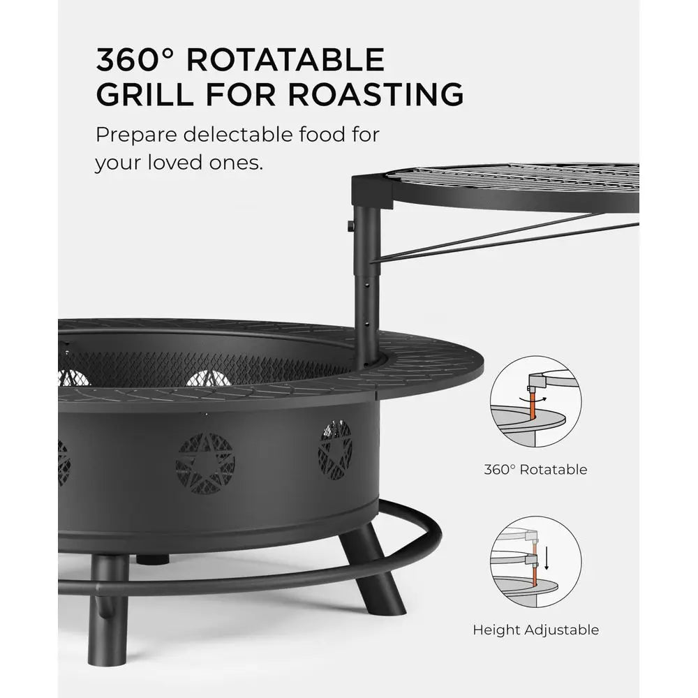 Outdoor Fire Pit With Rotating Grill Wood Burning Includes Lid And Poker
