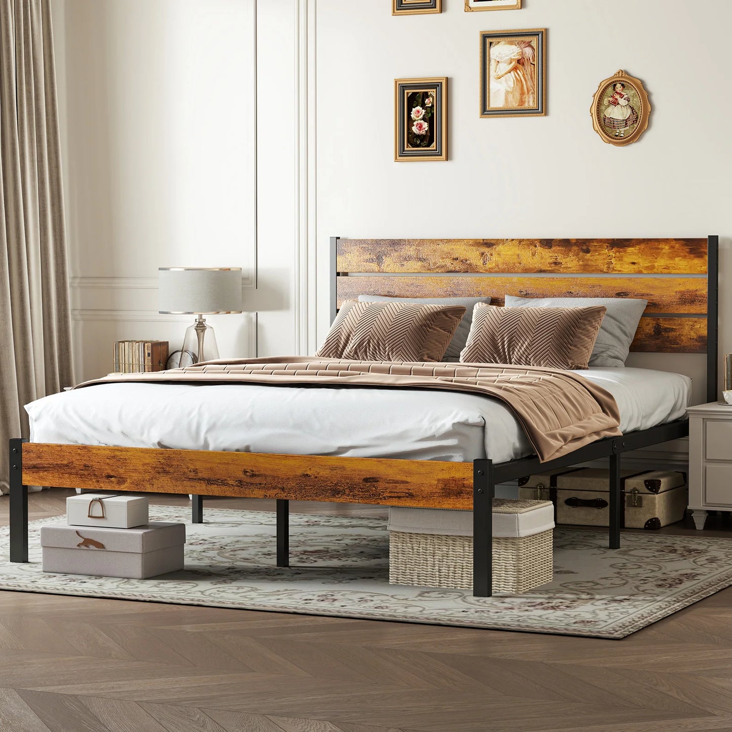 MCQ Wooden Headboard and Metal Platform Bed Frame with Slats