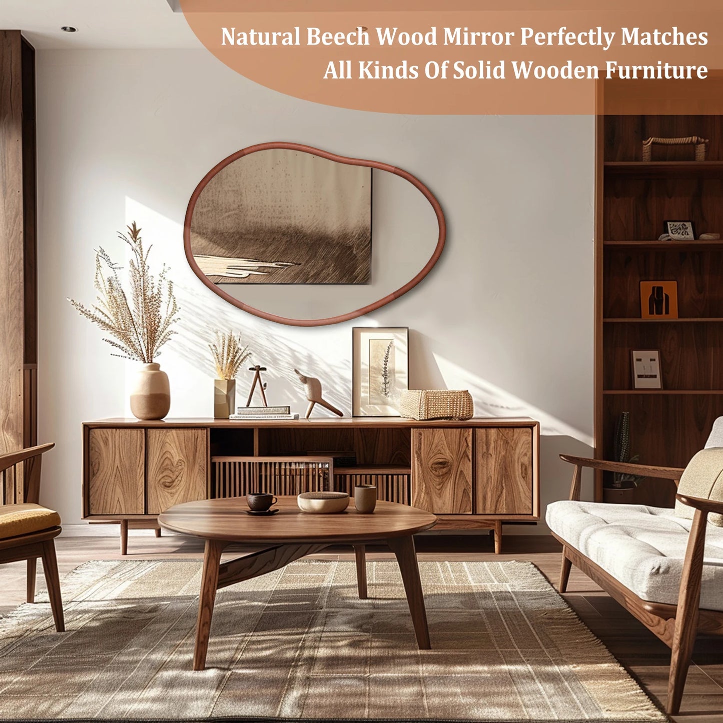 Mid Century Asymmetrical Wood Frame Wall Mirror Decorative For Entryway
