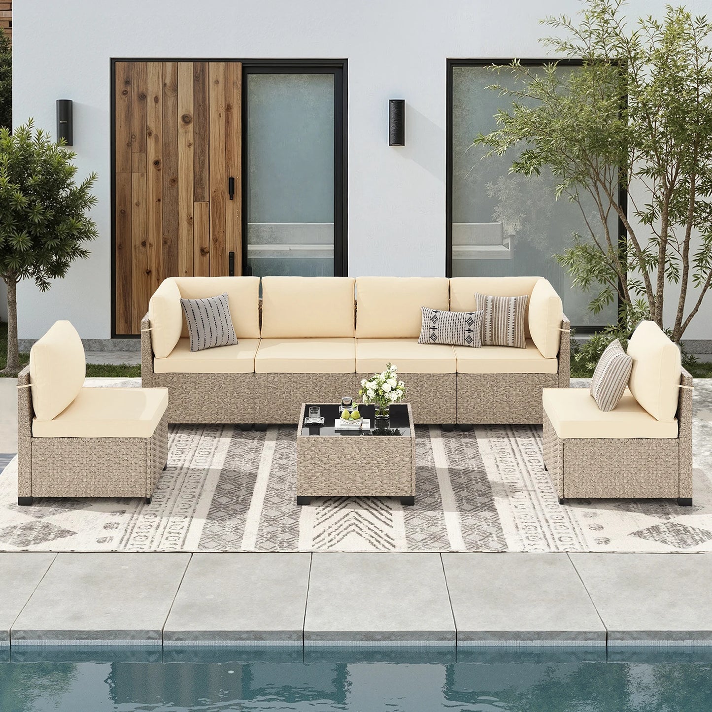 Outdoor Rattan 7-Piece Patio Furniture Set With Tempered Glass Table