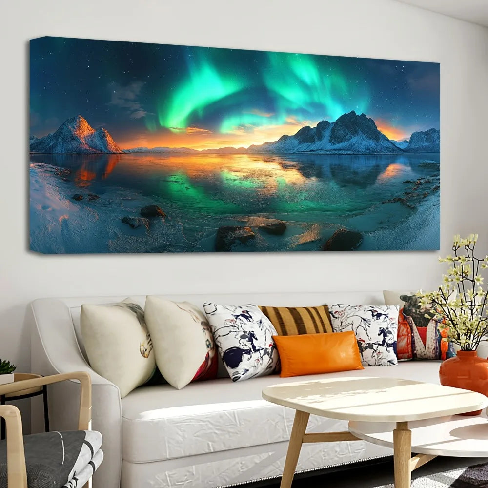 Pine Frame Snow Mountain Aurora Landscape Painting Home Decor
