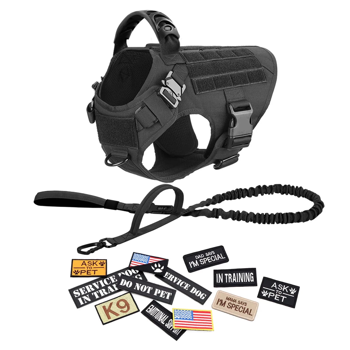 Military Large Dog Harness Set With Patches And Leash Accessories