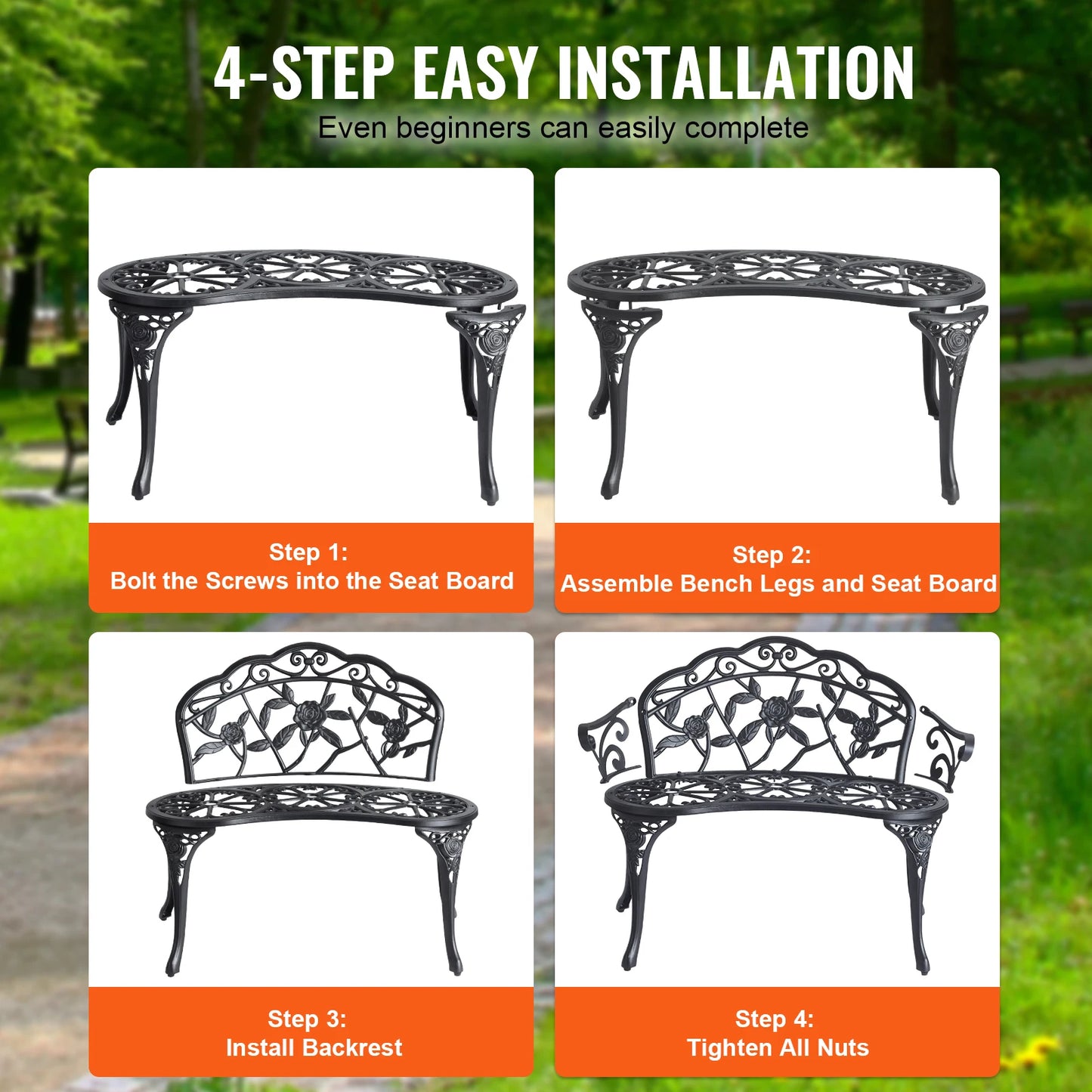 SucceBuy Outdoor Bench Wood Metal Garden Bench Durable