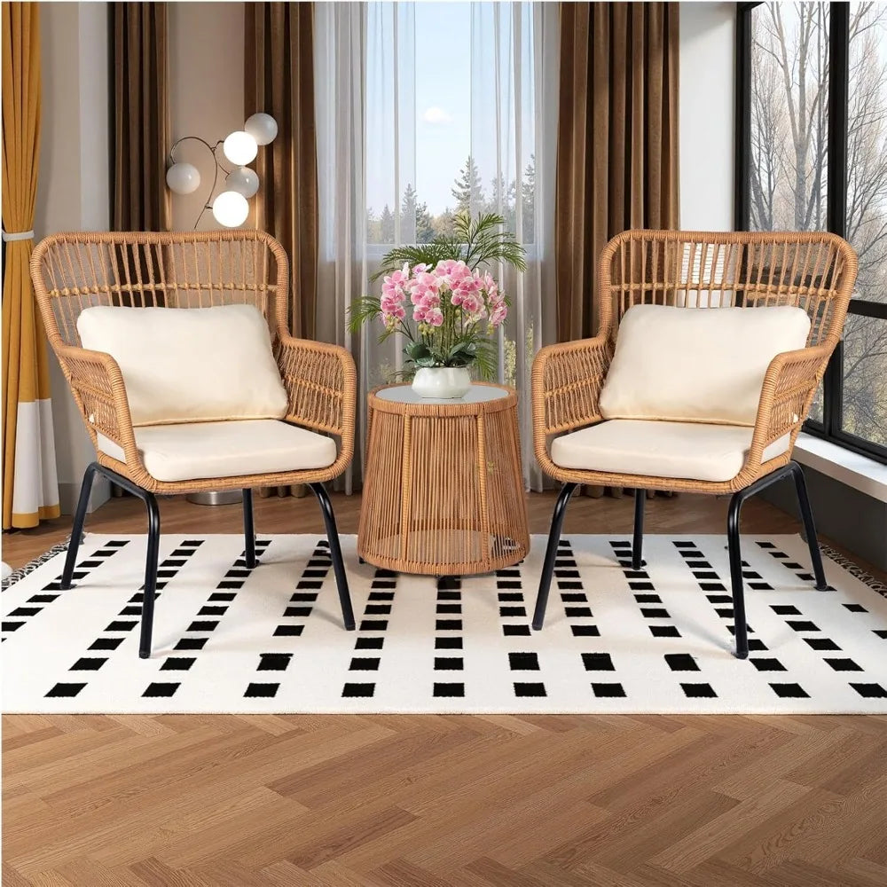 Outdoor Wicker Bistro Set With Glass Table And Two Chairs