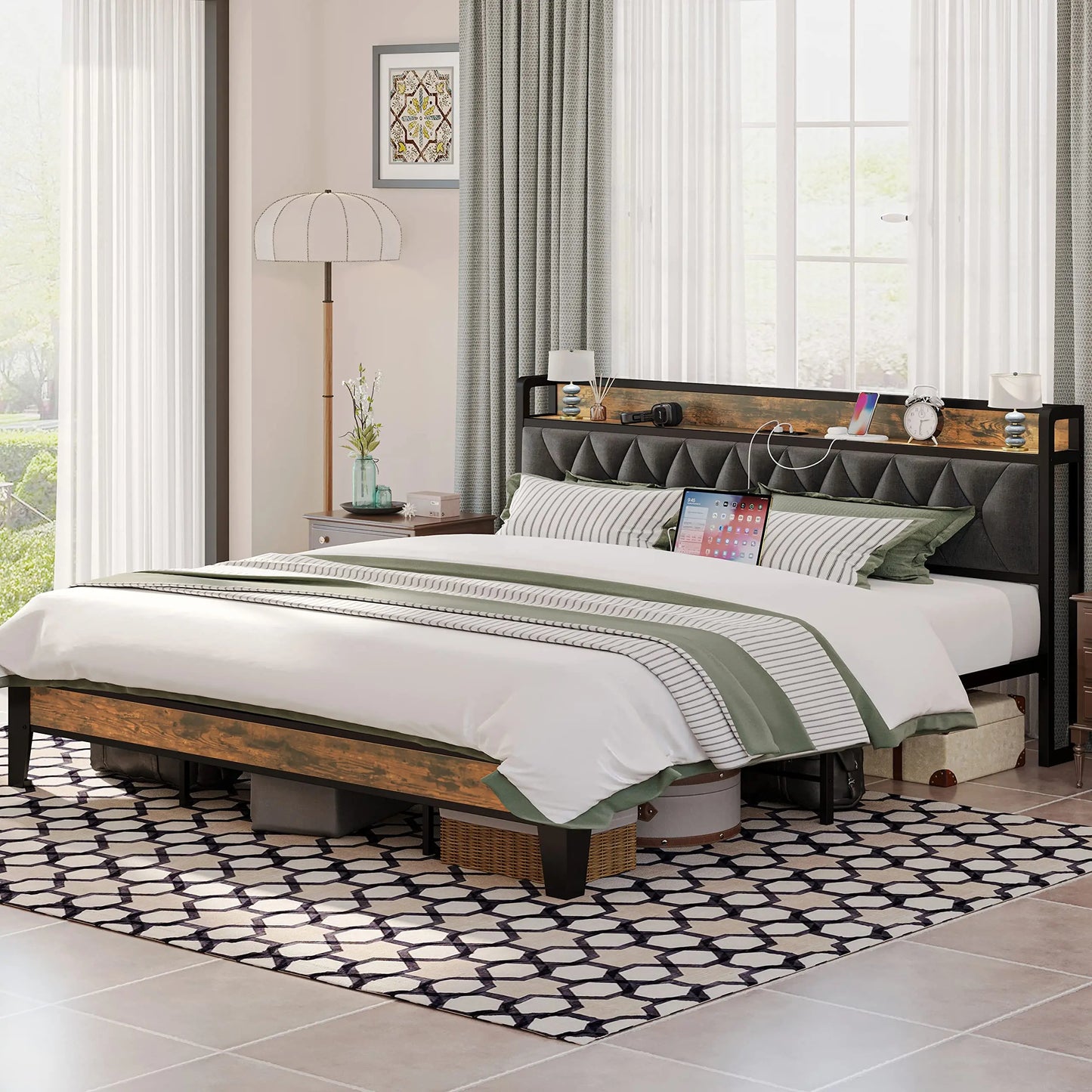 Anctor Bed Frames With Storage Headboard And Outlets No Noise No Box Springs
