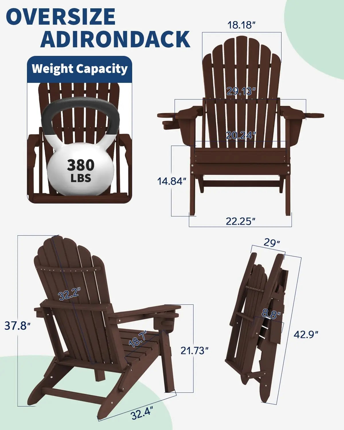 HDPE Folding Adirondack Chair Set 4 High Back Patio Furniture