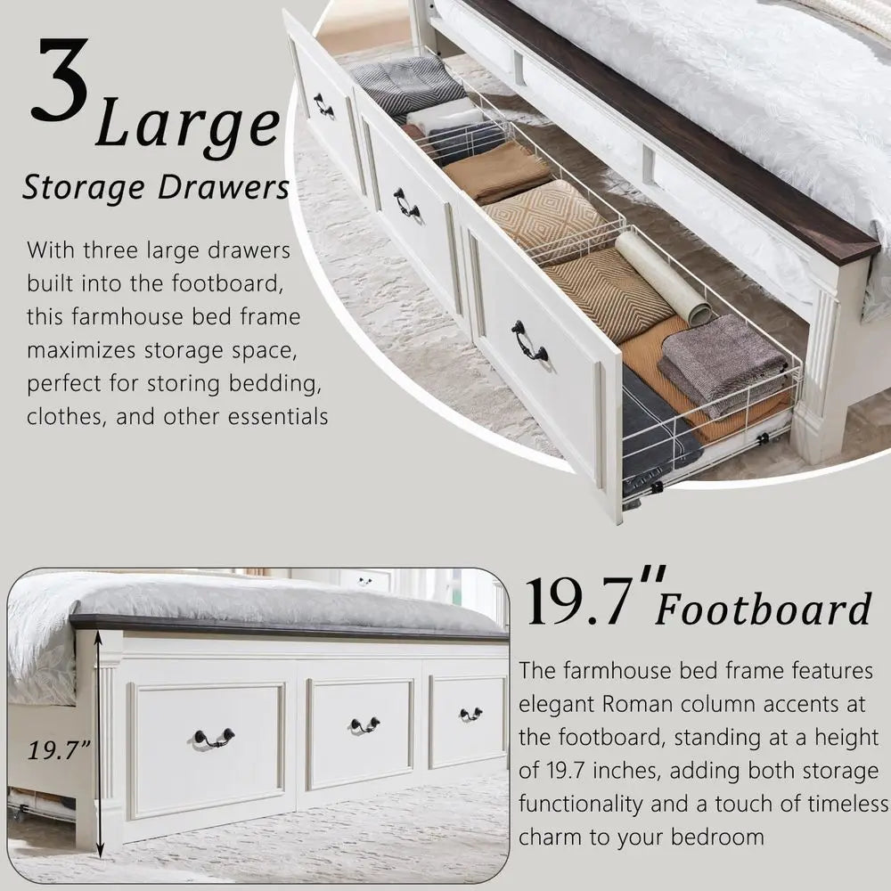 Farmhouse Bed Frame With Tall Headboard And Roman Column Footboard