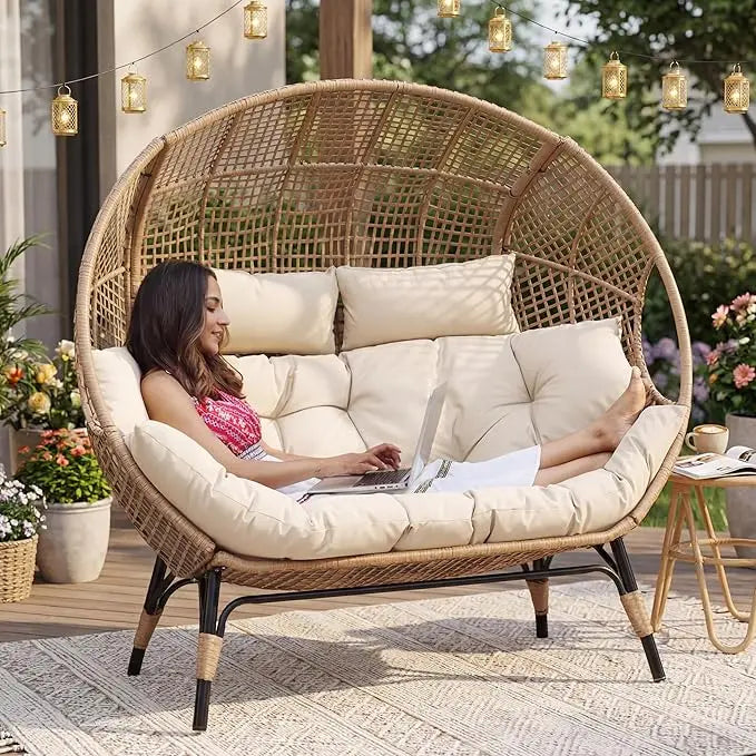 Outdoor Double Egg Chair Wicker Loveseat Two Seater