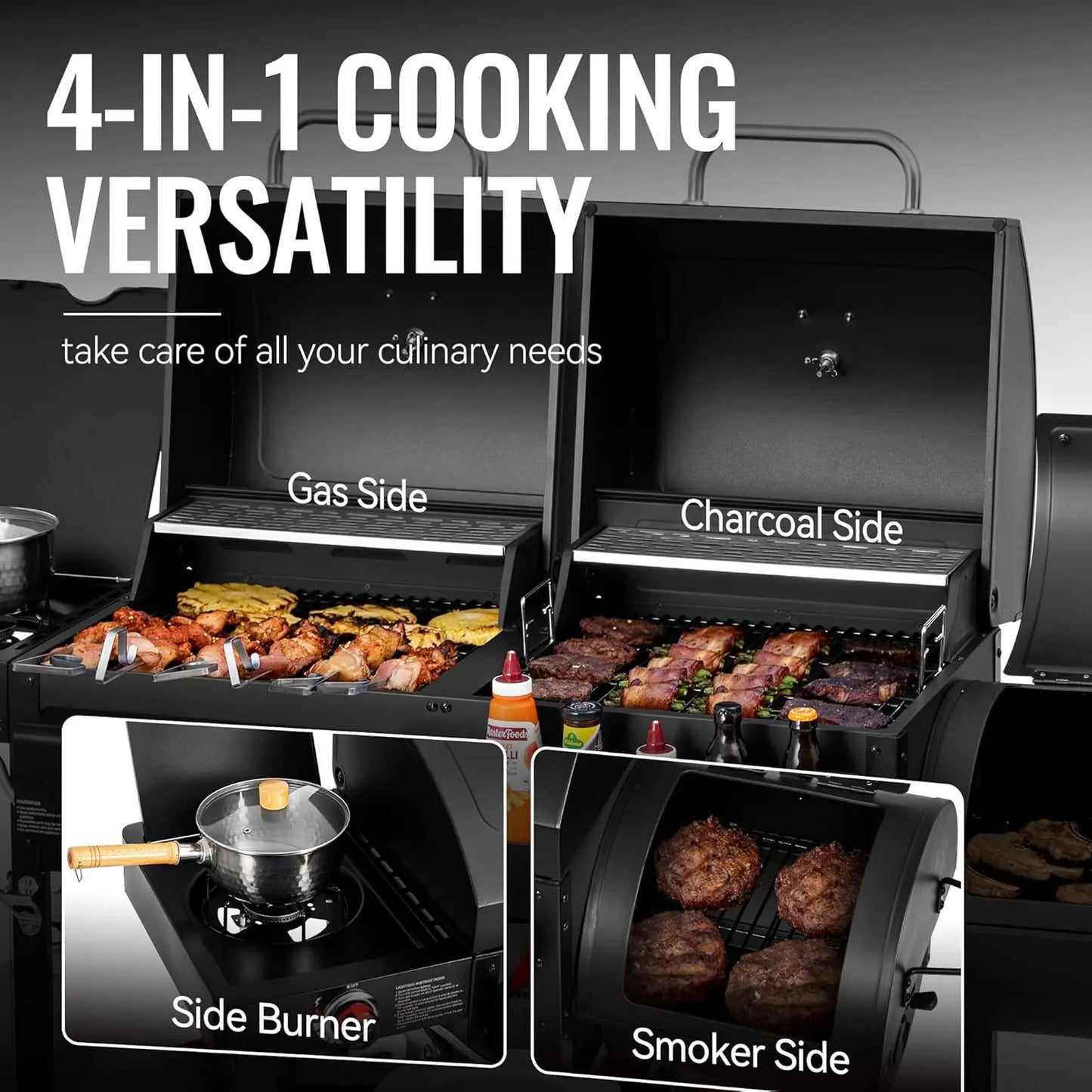 Dual Fuel Gas And Charcoal Grill With Offset Smoker And Side Burner