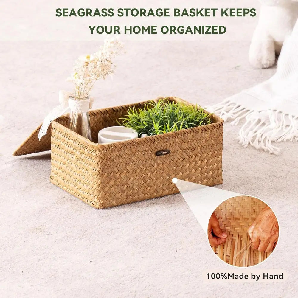 Natural Seagrass Storage Baskets With Lid Three Piece Set