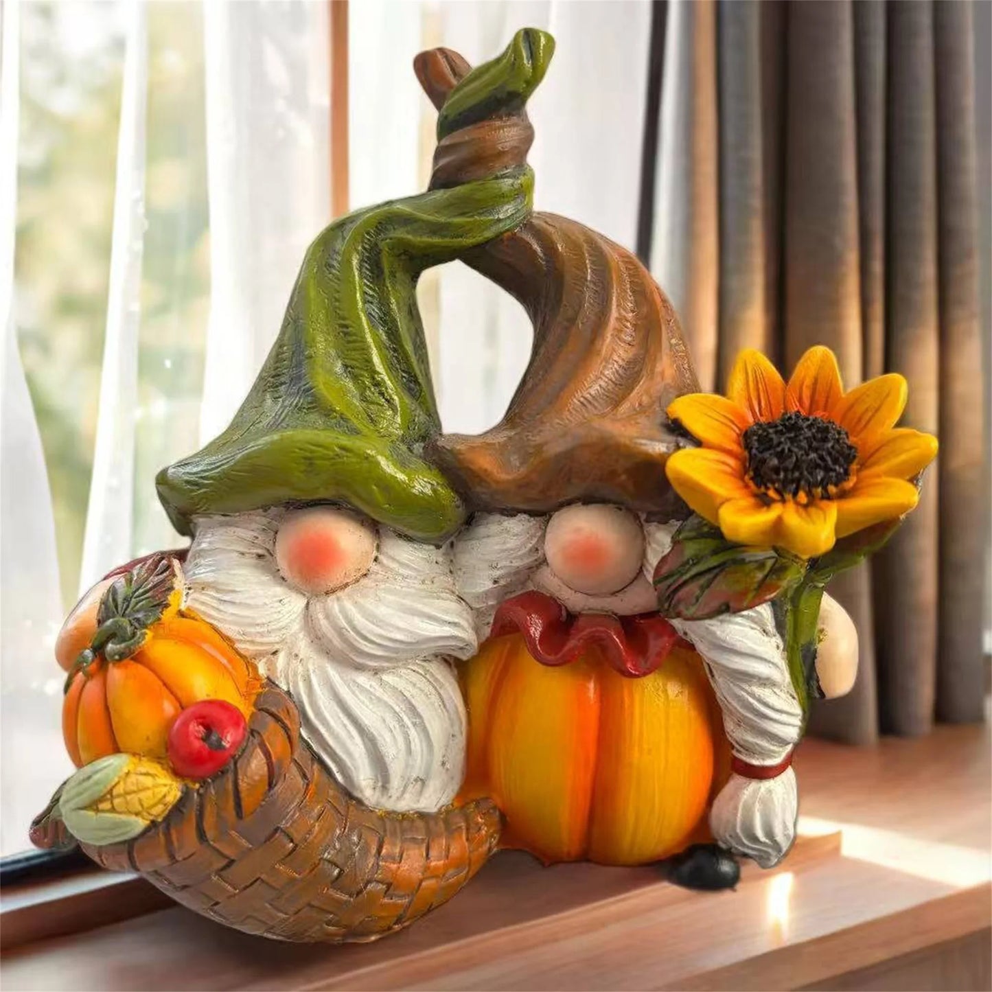Autumn Harvest Gnome Figurines With Sunflower And Pumpkin Accents