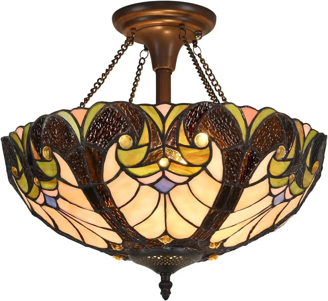 Tiffany Style Stained Glass Ceiling Light Victorian Semi Flush Mount