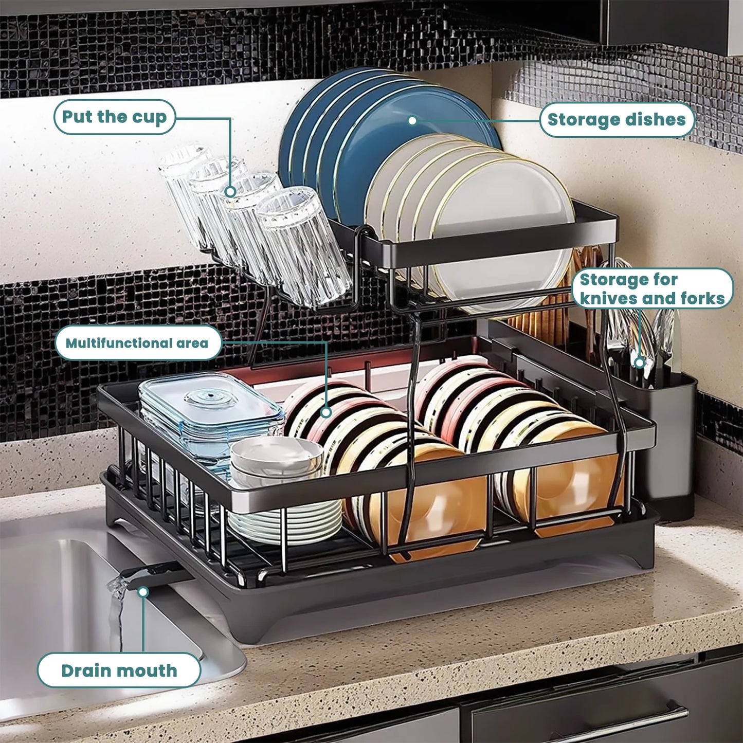 Two-Tier Dish Drying Rack For Kitchen Countertops Removable Large Capacity