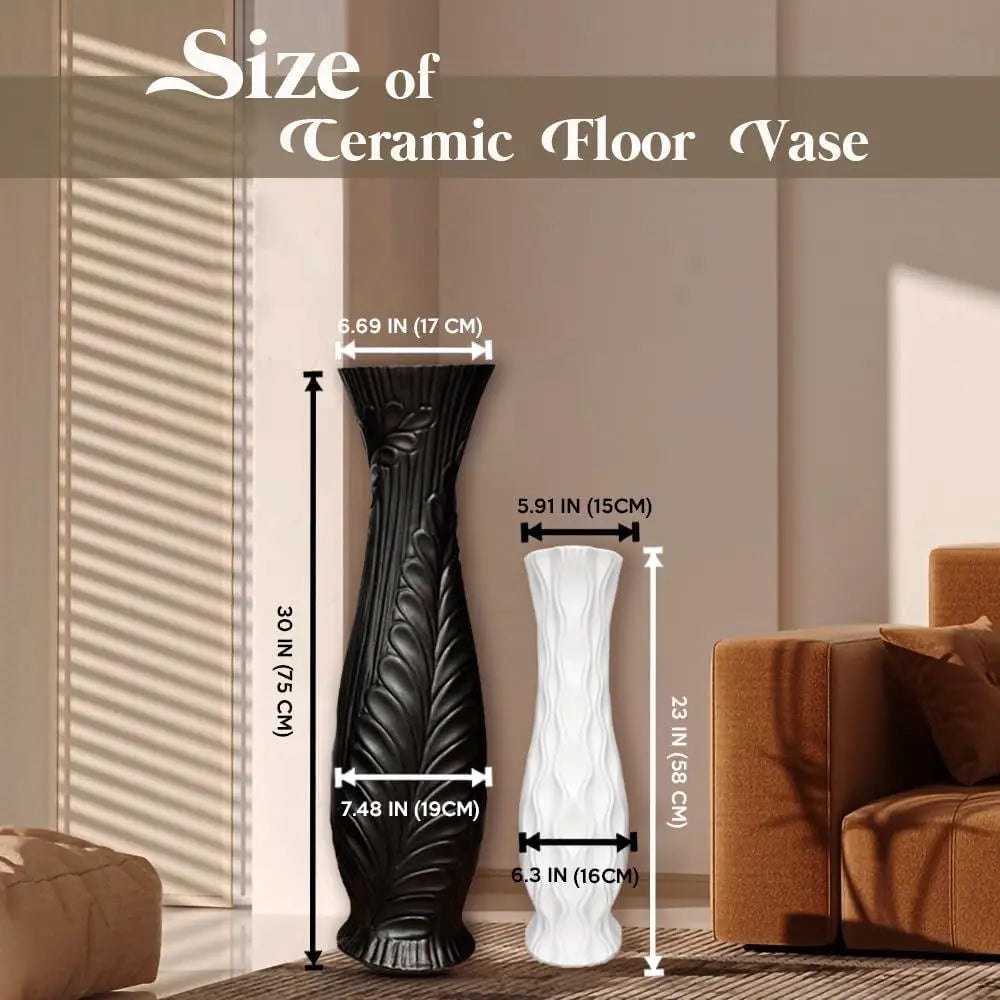 Handcrafted Ceramic Floor Vase With Feather Pattern For Home Decor
