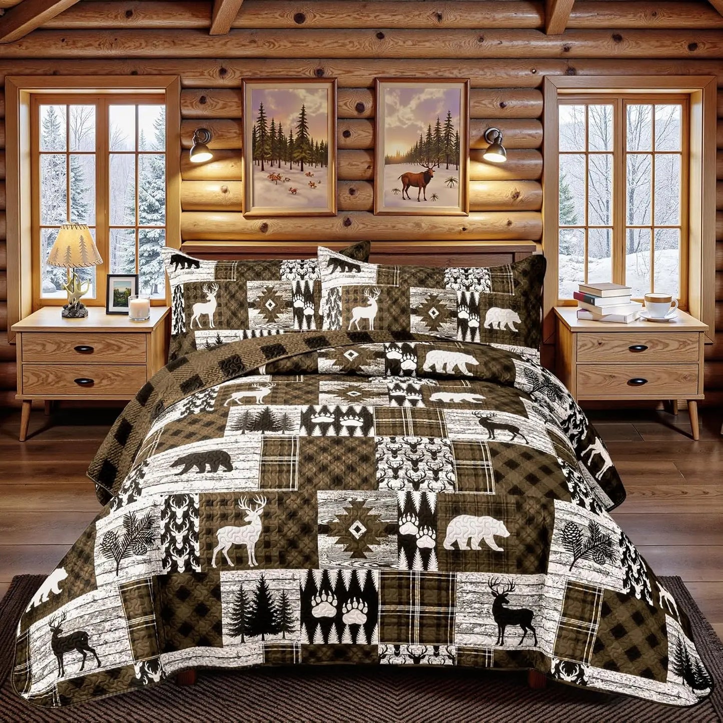 3 Piece Rustic Cabin Quilt Set Reversible Farmhouse Bedspread
