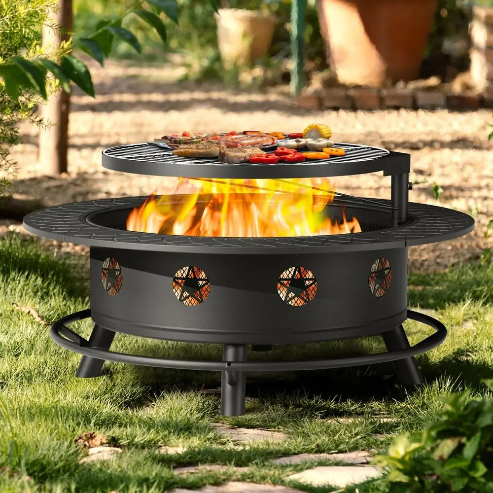 Outdoor Fire Pit With Rotating Grill Wood Burning Includes Lid And Poker