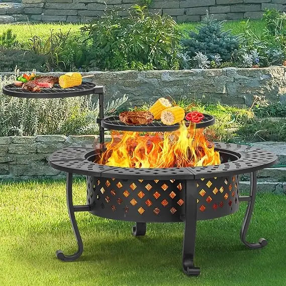 Outdoor Fire Pit With Dual Grills Lid And Poker System