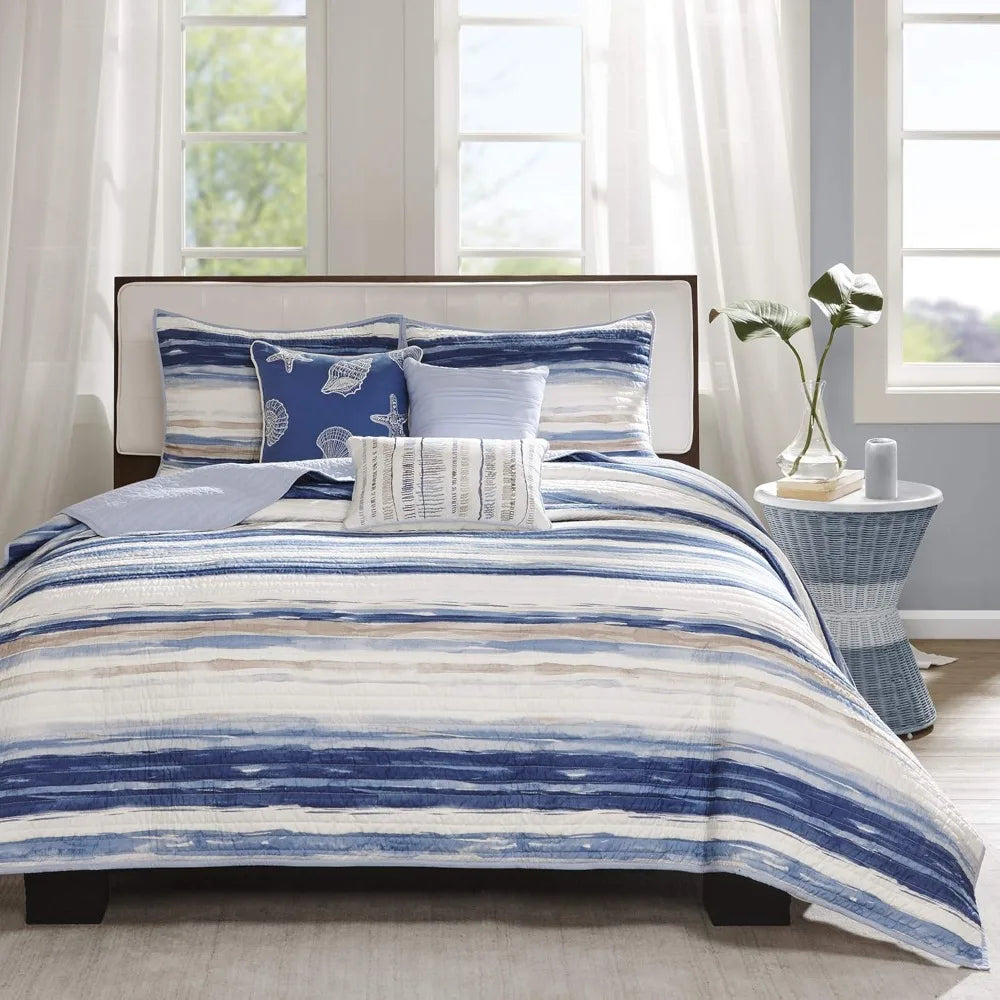 Coastal Cotton Quilt Set With Ruffle Trim Lightweight Coverlet