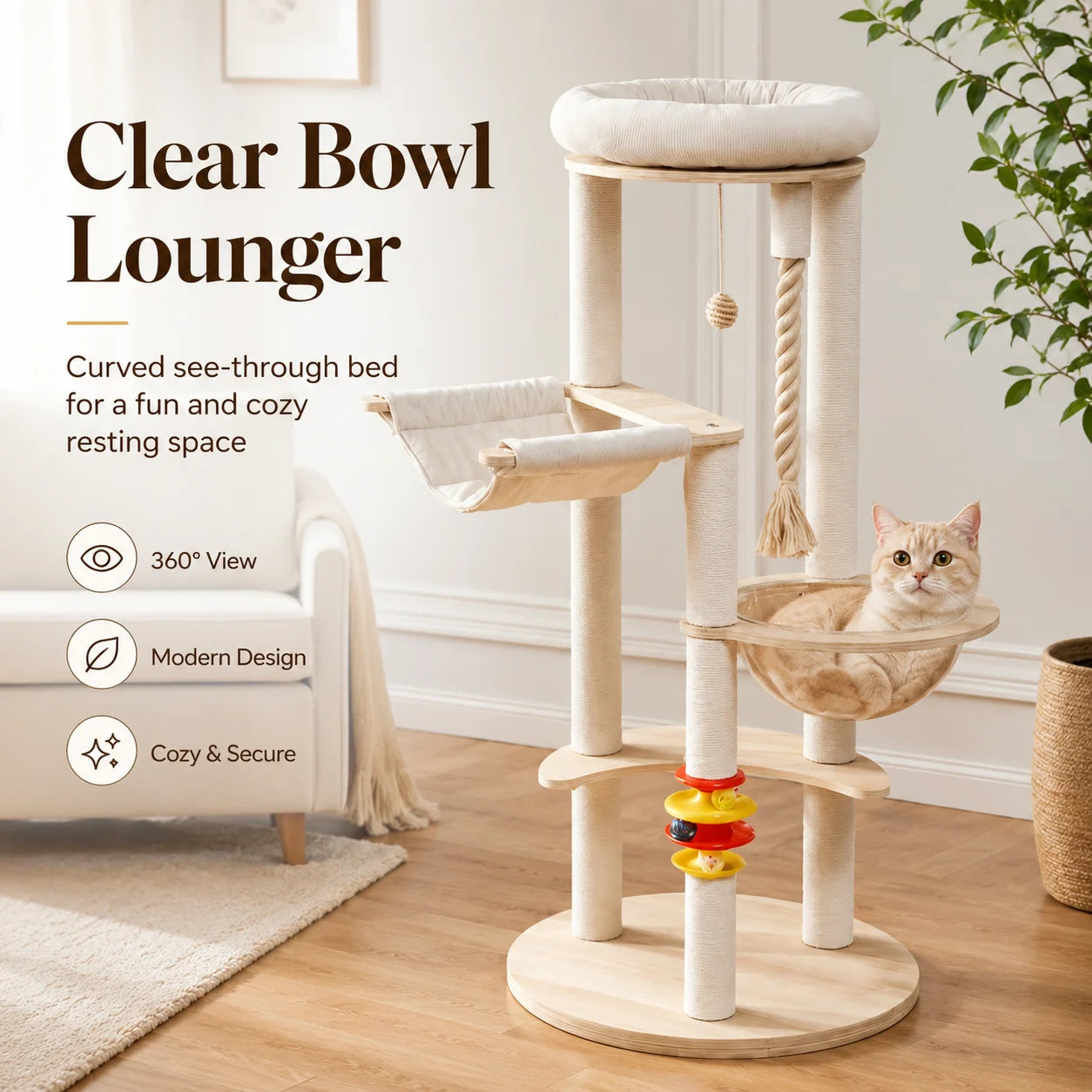 Sturdy Wooden Cat Tree With Space Capsule Hanging Ball Perch